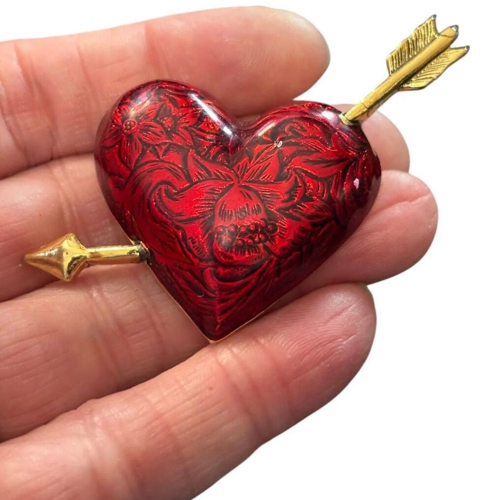 Vintage Avon Red Heart Brooch Gold Tone Arrow Romantic Floral Pin